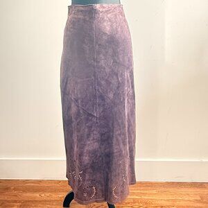 Suede Maxi Skirt – Plum / Aubergine – Laser Cut Hem